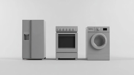 Obraz premium Monochromatic Appliances: Refrigerator, Oven, and Washing Machine in Neutral Setting