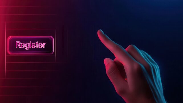 register approval concept. A hand pressing a glowing "Register" button in a dark digital setting. - Powered by Adobe