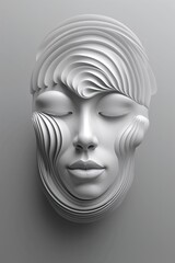 A sculptural representation of a human face features smooth, flowing lines and a calming expression. The minimalist design evokes tranquility, inviting contemplation of human emotion