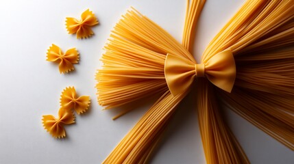 Golden pasta creation featuring spaghetti and farfalle on a neutral surface