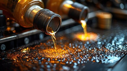   A close-up of a machine pouring liquid into a bottle atop it