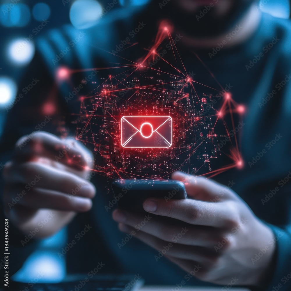 Poster person using smartphone with digital email network connection glowing red