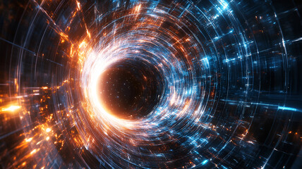 Obraz premium Futuristic Digital Tunnel with Swirling Blue and Orange Lights Creating a Vortex Effect