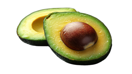 Freshly Sliced Avocado: Vibrant halves of a ripe avocado showcase the rich green flesh and a single, smooth seed, presenting a visual celebration of health and freshness. 