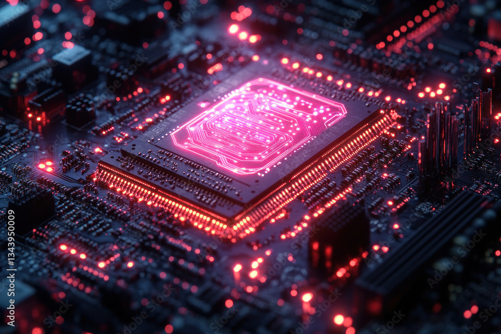 Poster a chip on a computer circuit board that glows with bright red and pink neon lines, creating a futuri