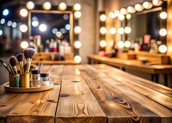 Empty Wooden Tabletop in Blurred Makeup Room - Long Exposure Stock Photo