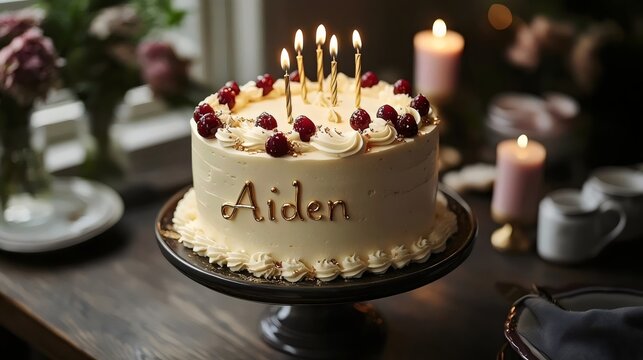 A cake with candles on it that says "Aiden" on it