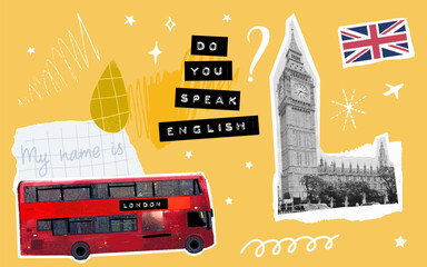 Do you speak English collage, UK flag, Big Ben tower, double decker bus cutout elements set on yellow vision board background. English language school graphics set, paper scrapbooking template