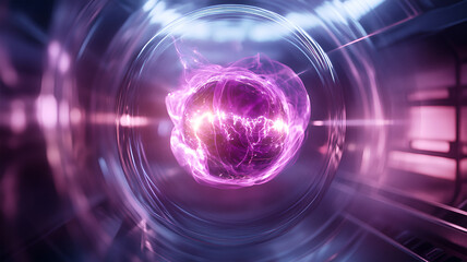 Obraz premium High-Tech Futuristic Energy Core Glowing with Purple Plasma Inside Transparent Containment Unit
