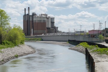 Obraz premium Industrial Factory Surrounded by Waterway and Green Vegetation