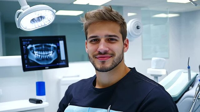A dentist in surgical gloves performing a root canal procedure on a patient, with dental equipment and lighting highlighting the treatment area.
