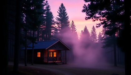 Cozy Cabin in Forest at Dusk with Fog and Glowing Windows