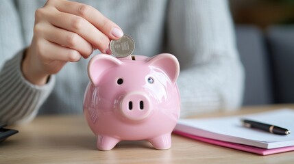 Piggy bank savings scene with woman placing coin, cozy home setting and finance tools. Piggy bank with coin held by woman, focus on personal finance and budgeting.