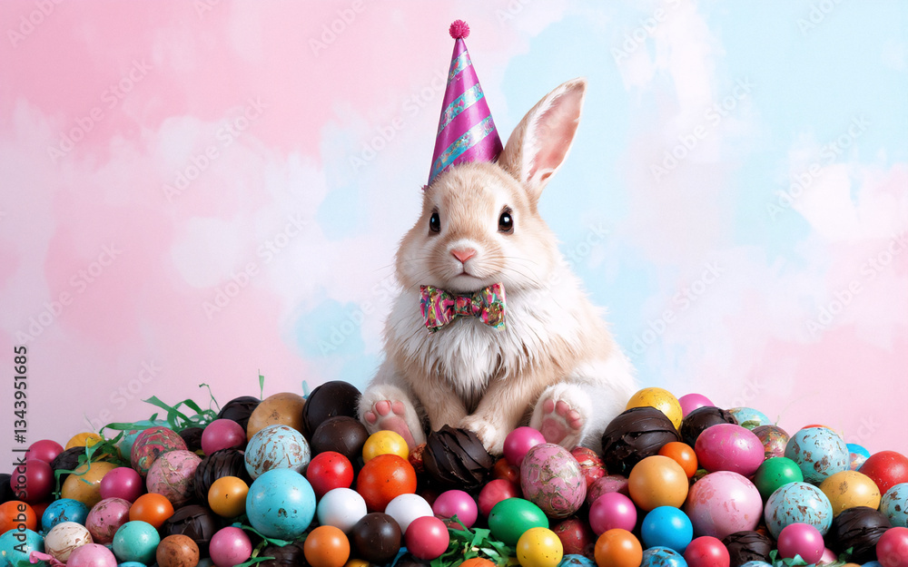 Poster a fluffy bunny with a festive party hat and bow tie sits atop a colorful pile of speckled eggs again