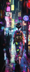 Obraz premium Woman walks in neon-lit futuristic cityscape street