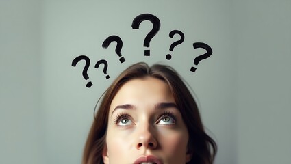 "Curious Thoughts: A Woman's Gaze and Floating Question Marks"