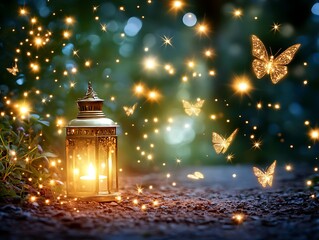 Glowing butterflies and lights surrounding a lit lantern in a garden
