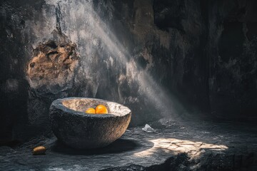 Natural Light Illuminates Bowl of Oranges in Dark Stone Setting