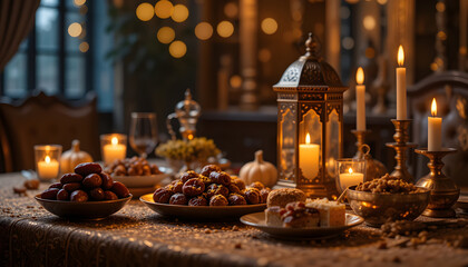 Elegant Table Setting with Candles and Assorted Delicacies
