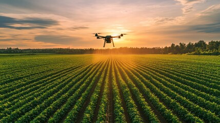 Drone spraying crops at sunset over a field