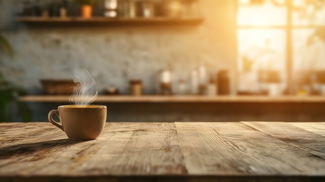 Morning Brew: Steaming cup of coffee on rustic wooden table in cozy kitchen with a bright sunlight.