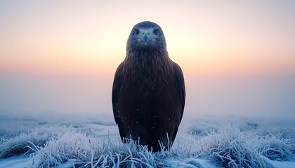 Stoic Hawk in Frozen Field at Sunrise Gazing Intently Cold Majesty of Wilderness Bird of Prey