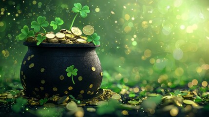 Classic black pot filled with sparkling coins, scattered shamrock leaves over a glowing green backdrop, digital St. Patrick's Day fantasy