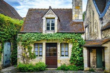 Charming 1700s French chateau surrounded by lush ivy plants