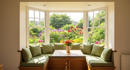 Fototapeta premium Cozy Window Seat with Garden View and Cushions for Relaxation