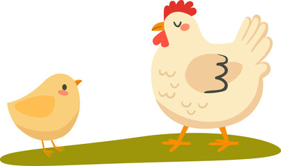 Cute chicken with hen in the meadow. Vector illustration.