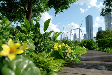 Futuristic Cityscape with Wind Turbines Surrounded by Lush Greenery and Vibrant Flowers