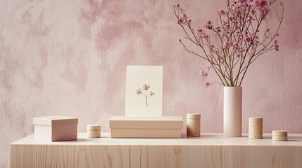 Valentines zero-waste present boxes, compostable wrapping, blank card with pressed flower decoration, soft pink and earthy tones, natural light