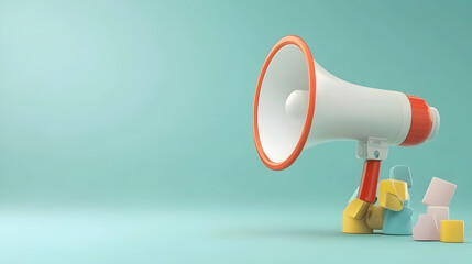 Colorful blocks near megaphone announcement pastel background; marketing campaign