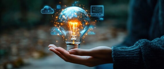 Hand Holding Glowing Light Bulb with Cloud Computing Symbols and Visualization of Data Transfer and Network Connectivity