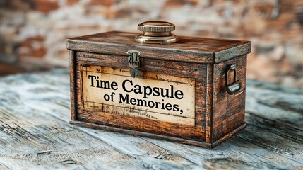 A vintage wooden time capsule box labeled 'Time Capsule of Memories' resting on a rustic wooden table.