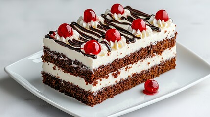 Layered Chocolate Cake with Cherries and Cream on White Plate
