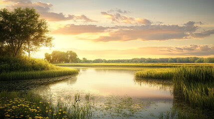 A Serene and Harmonious Landscape Featuring a Meandering River in a Peaceful Countryside