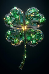Futuristic four-leaf clover with glowing circuit design symbolizing technology and luck