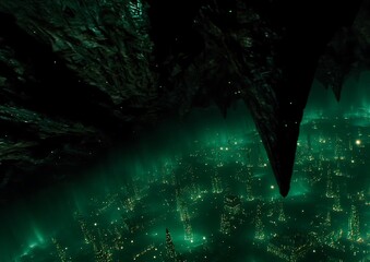 Subterranean Metropolis Emerald Glow Futuristic Cityscape Beneath Overhanging Rock Formations Vision