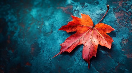 A solitary crimson maple leaf rests on a cool teal surface, whispering tales of autumn's gentle farewell against a moody, textured backdrop.