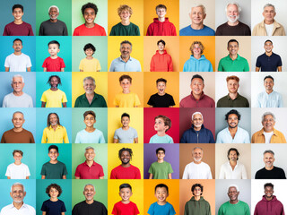 Portrait grid showcasing diverse men across various ages and before colorful backgrounds