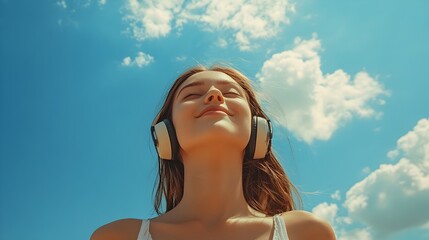 A young woman with long brown hair enjoys listening to music with headphones under a bright summer sky.