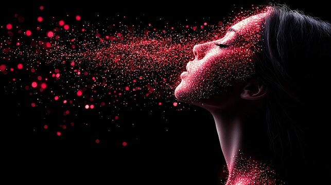   A woman's face is glittered in red while she gazes skyward with closed eyes