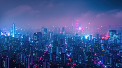 Fototapeta premium Futuristic Cityscape at Night with Vibrant Neon Lights and Dense Fog