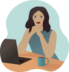 Woman is working in the office. She is sitting at the table with a laptop and coffee cup on it