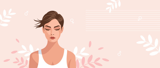Mental health concept. Beautiful young woman with closed eyes on a pink background. Mental Health Day.