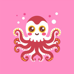 Cute pink octopus with bubbles and pink background. Print for clothes, cards. Flat illustration.
