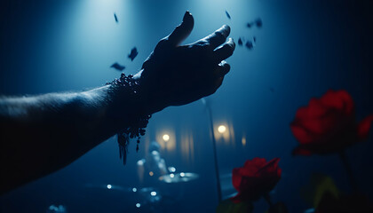 Mysterious hand reaching up, dark blue lighting,  rose petals falling, dramatic stage setting.