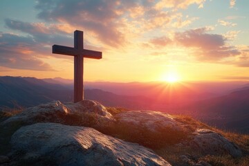 Christian Cross on Rocky Hilltop at Sunrise, Symbol of Faith and Hope, Easter Celebration
