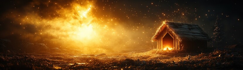 Naklejka premium Nativity Scene Wooden Manger Birth of Jesus Christ Christian Christmas Night Holy Spirit Emmanuel Savior